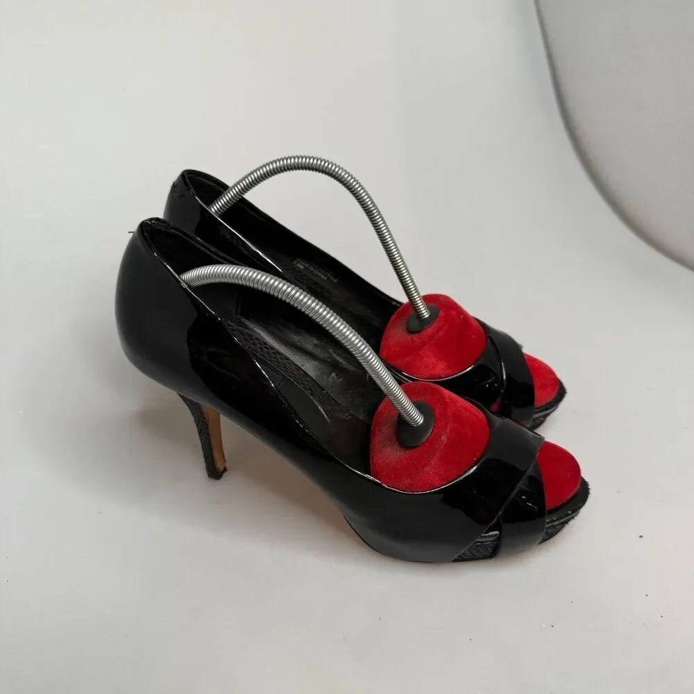 White House Black Market Black Leather Open-Toe Heel 3.5″ Size 7.5M Leather